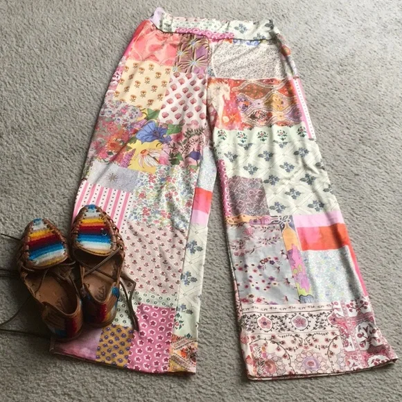 MULTI COLOR BOHO PATCHWORK WIDE LEG STRETCH SATIN PANTS - Picture 3 of 4